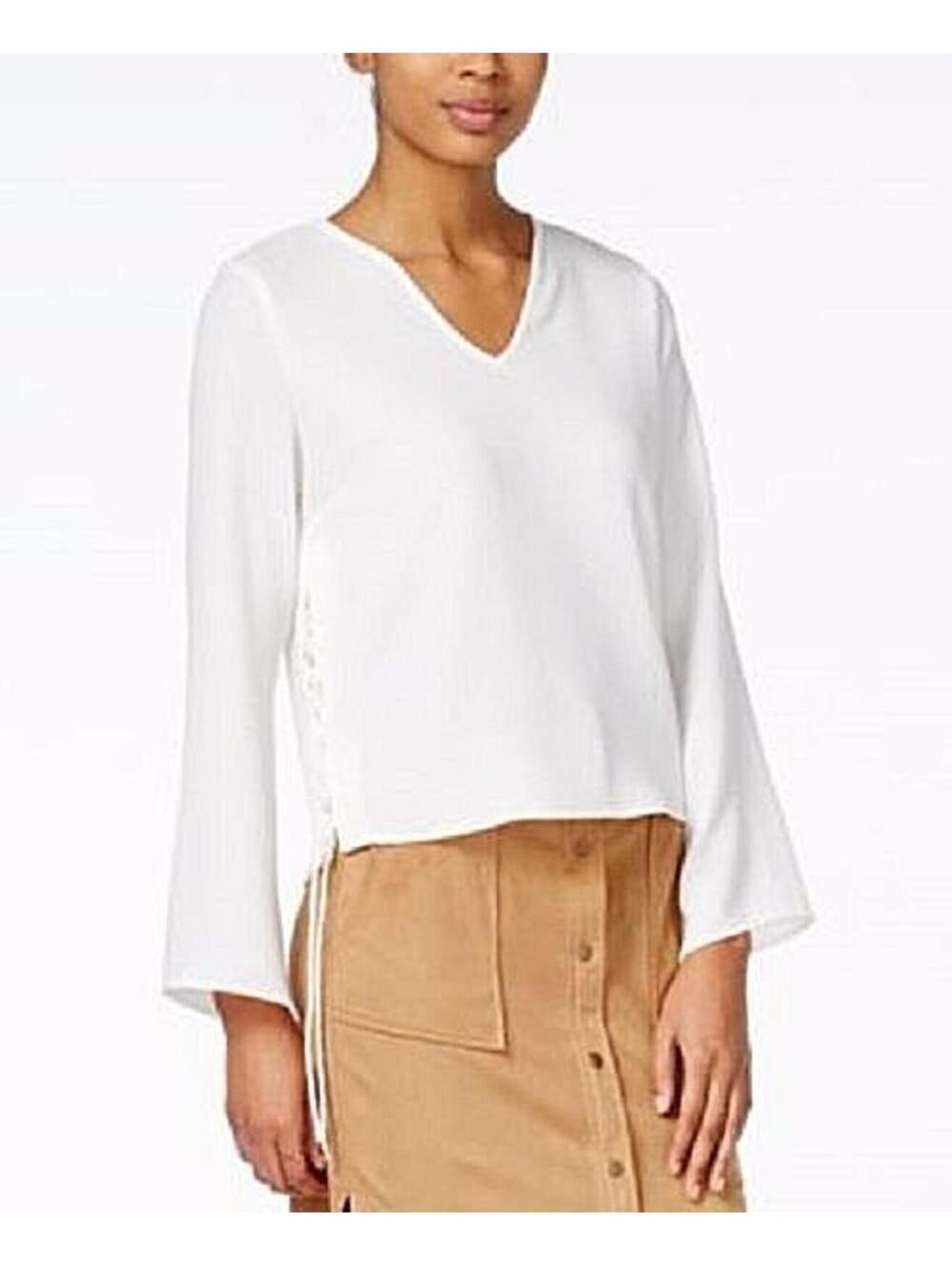 NWT BAR III Washed White Side-Tie V-Neck Knit Top Long Sleeve Blouse XXS